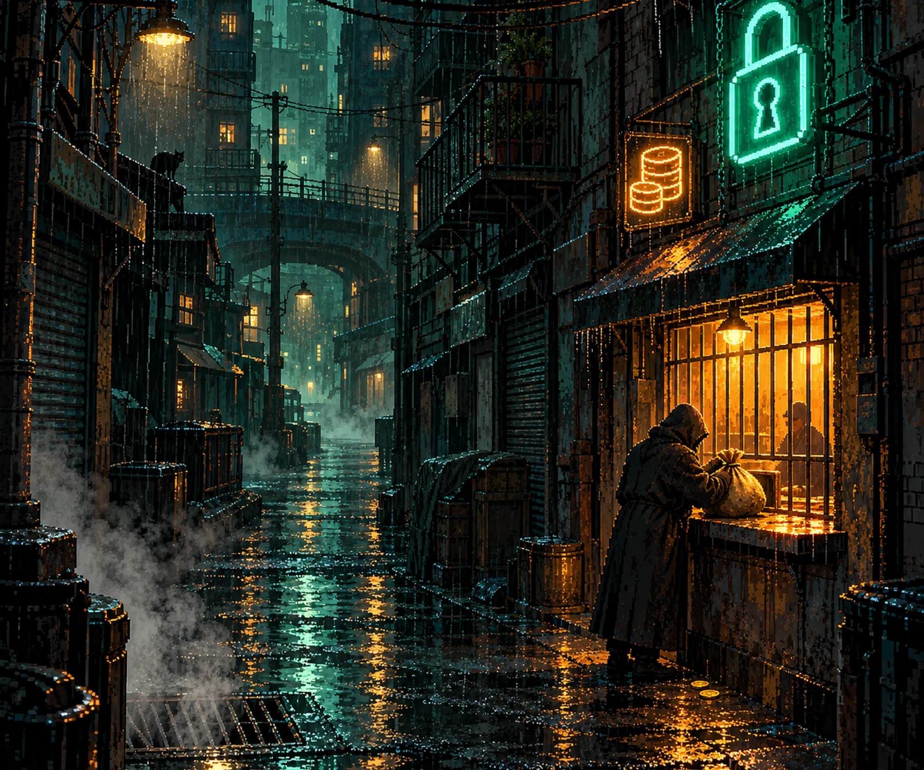 A rain-soaked night street: a dev pushes a sack of SOL through the barred window of a pawn office under a neon padlock.