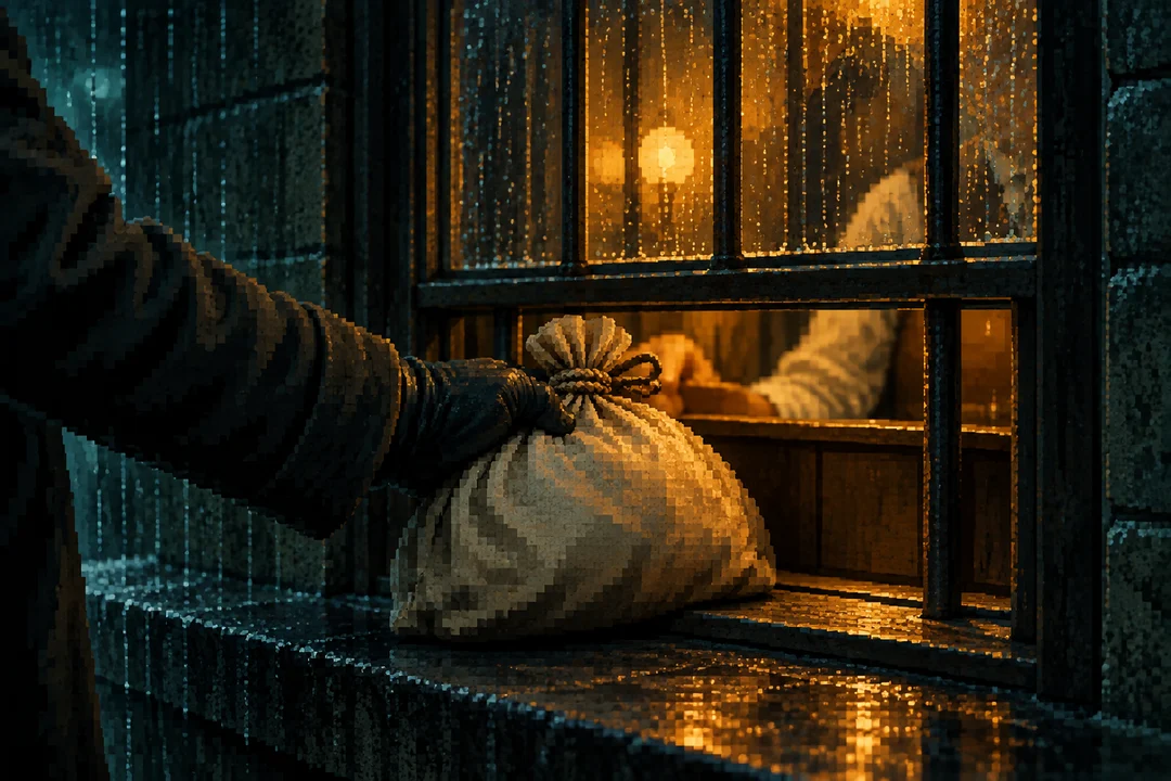 A gloved hand pushes a money sack through a barred cashier window in the rain.