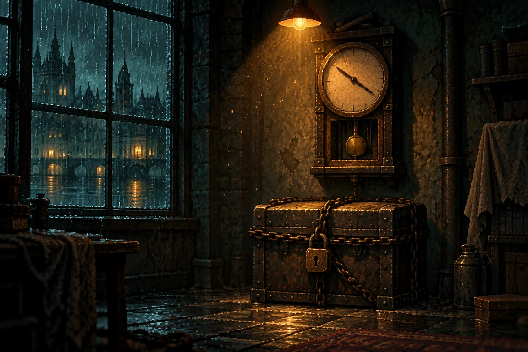A locked, chained strongbox under a clock in a dark room.