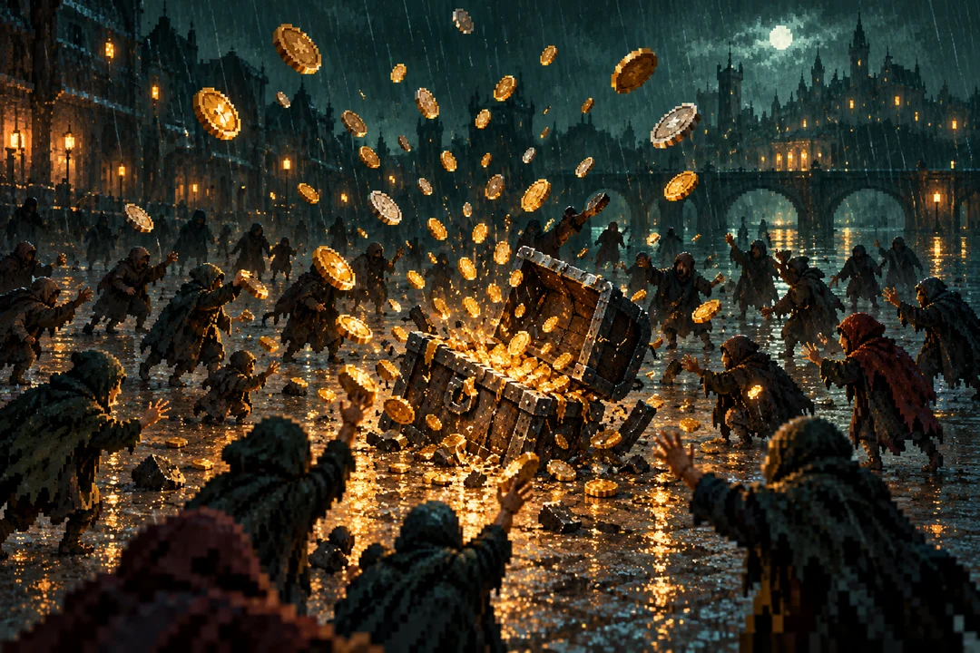 A burst strongbox showering coins over a ring of people in the rain.